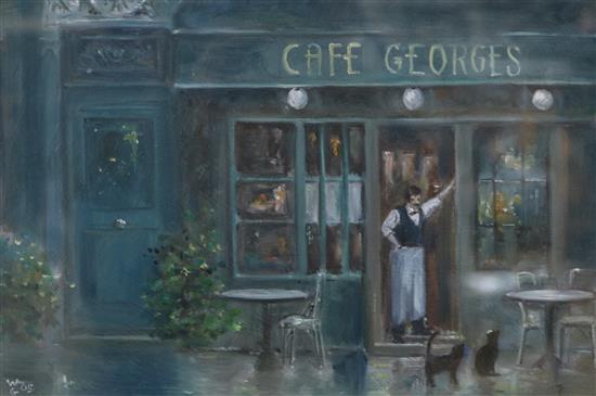 William Gowland, pair of oils, café scenes, 19 x 30cm